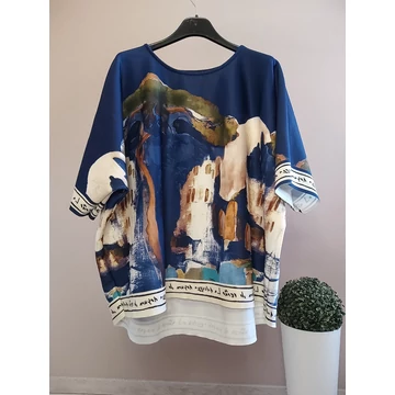 Sötétkék festői mintás oversize felső